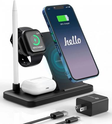 FURRAIL Wireless Charger, 4 in 1 Fast Charging Station Stand Compatible with iPhone 13/12/11/Pro/XS/XR/X/SE/8, 18W Charger Dock for Apple Watch 7/6/SE/5/4/3/AirPods Series/Apple Pencil 1st (Black)