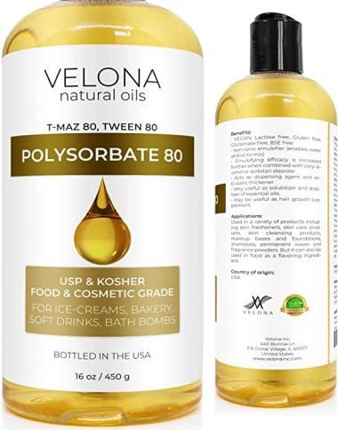 Polysorbate 80 by Velona - 16 oz | Solubilizer, Food & Cosmetic Grade | All Natural for Cooking, Skin Care and Bath Bombs, Sprays, Foam Maker | Use Today - Enjoy Results