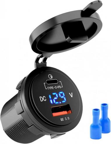 MICTUNING 36W Fast PD USB-C Car Charger with USB Quick Charge 3.0 and Type C Charger Socket with LED Digital Voltmeter Compatible with iPhone Pixel Samsung