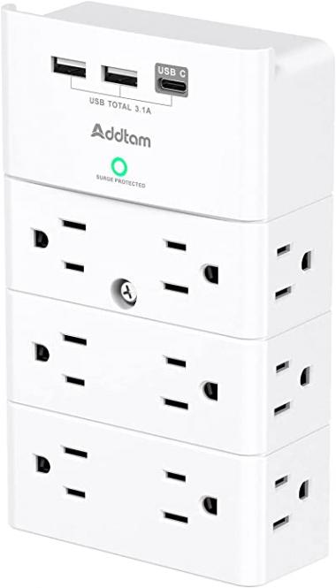 Multi Plug Outlet - Addtam Surge Protector Wall Mount with 12 Outlet Extender- 3 Sides and 3 USB Ports (1 USB-C), Outlet Splitter Power Strip for Home, Office, Hotel, White