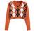 ZAFUL Women's Long Sleeve V-Neck Argyle Knitted Crop Sweater Pullover Tops