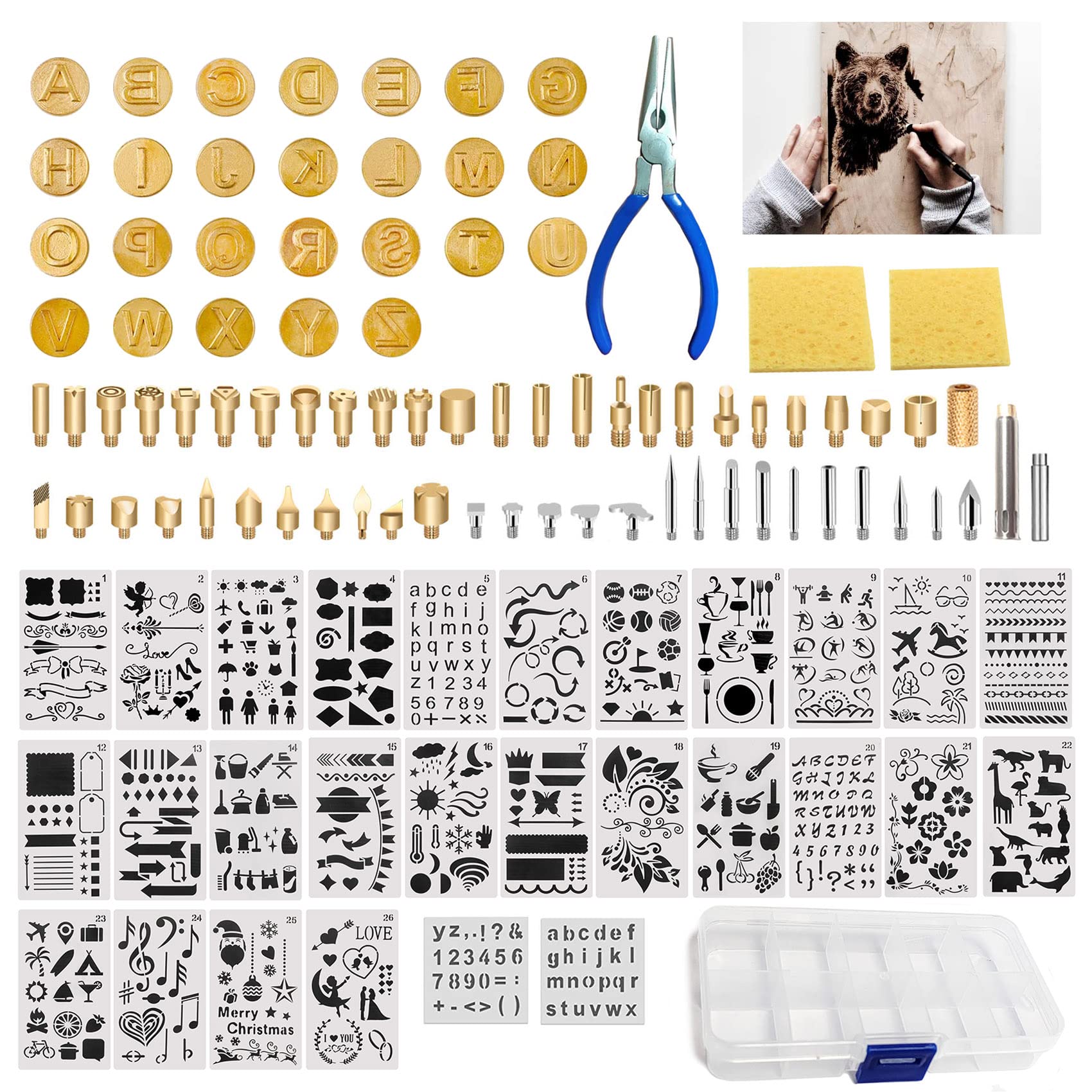 BEZALEL 112Pcs Wood Burning Tips - Pyrography Wood Burning Kit Includes Wood Burning Tips Only Wood Burning Letters Wood Burning Stencils and Patterns for Embossing Carving DIY Adults Crafts Beginners