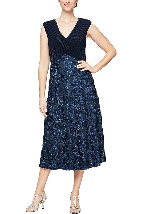 Women's Tea Length Jersey and Rosette Lace Dress (Petite and Regular)