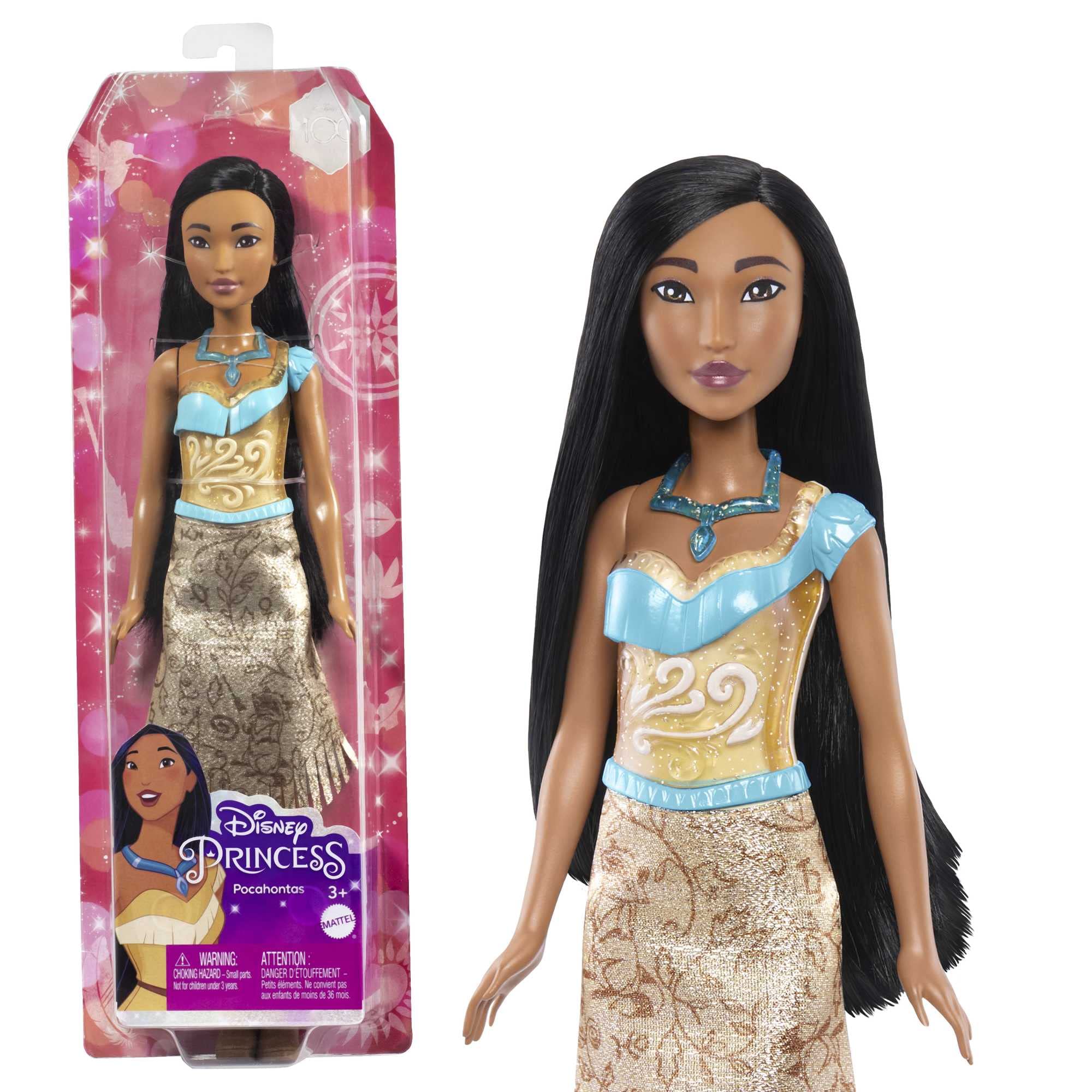 Disney Princess Pochontas Fashion Doll, New for 2023, Sparkling Look with Black Hair, Brown Eyes & Necklace Accessory