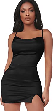 Verdusa Women's Split Hem Cowl Neck Spaghetti Strap Satin Cami Bodycon Dress