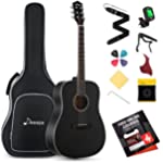 Donner Black Acoustic Guitar for Beginner Adult with Free Online Lesson Full Size Dreadnought Acustica Guitarra Bundle Kit with Bag Strap Tuner Capo Pickguard String Picks, Right Hand 41 Inch, DAG-1B