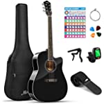 Moukey 41&quot; Acoustic Guitar for Beginner Adult Teen Full Size Guitarra Acustica with Chord Poster, Gig Bag, Tuner, Picks, Nylon Strings, Capo, Cloth, Strap Right Hand - Black