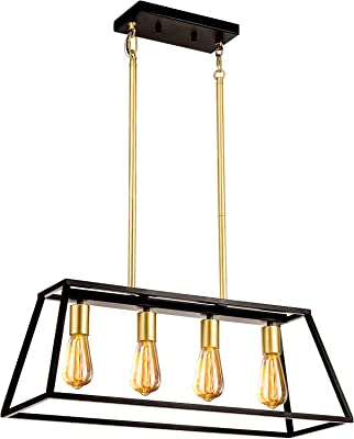 4-Light Kitchen Island Lights, Modern Dining Room Pendant Light Fixture, Black and Gold Linear Chandelier Height Adjustable, Industrial Hanging Ceiling Light for Living Room Foyer Cafe Bar, UL Listed