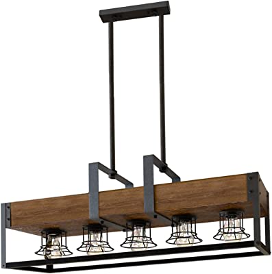 J JACKCUBE DESIGN Farmhouse Linear Island Lighting, 5 Light Kitchen, Hallway Pendant Light, Rustic Wood with Black Stainless Metal Frame, Modern Industrial Chandelier- MK648A