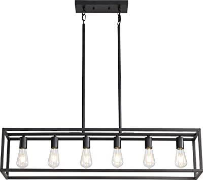 Black Farmhouse Kitchen Island Lighting, Modern Industrial Chandelier, 6-Light Linear Rectangular Pendant Light Fixtures for Farmhouse Kitchen Dining Room Bar Foyer(Metal, Height Adjustable)