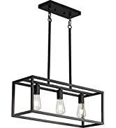 Black Kitchen Island Lighting, Modern Linear Cage Retangular Chandelier, 3 Lights Industrial Meta...