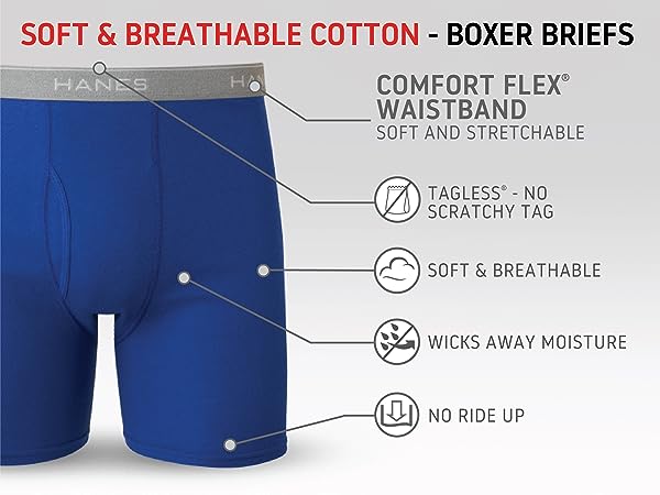 soft breathable Hanes boxer briefs tagless wicks moisture no ride up