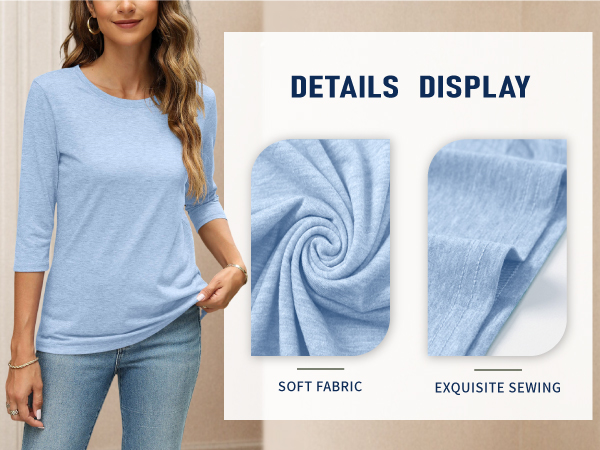 Casual 3/4 Sleeve T-Shirts Round Neck Cute Tunic Tops Basic Tees Blouses Loose Fit Pullover