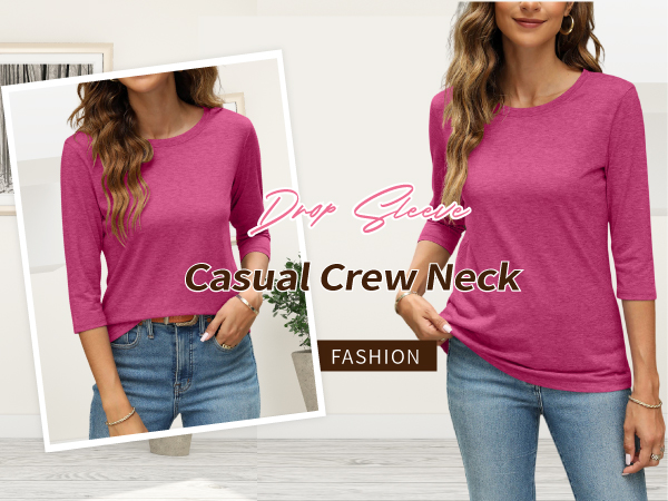 Women''s Casual 3/4 Sleeve T-Shirts Round Neck Cute Tunic Tops Basic Tees Blouses Loose Fit Pullover