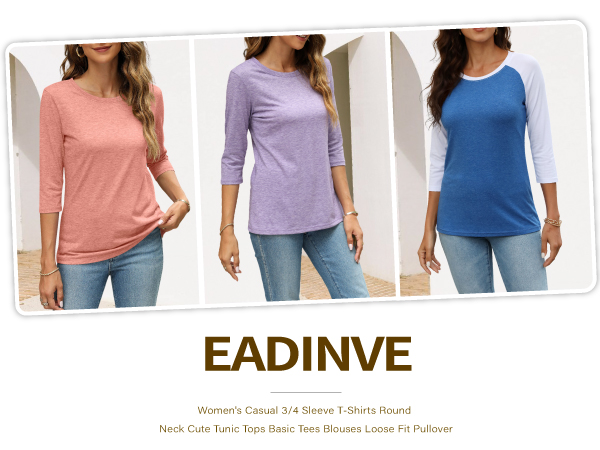 Casual 3/4 Sleeve T-Shirts Round Neck Cute Tunic Tops Basic Tees Blouses Loose Fit Pullover