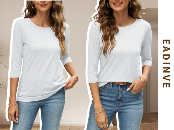 Casual 3/4 Sleeve T-Shirts Round Neck Cute Tunic Tops Basic Tees Blouses Loose Fit Pullover