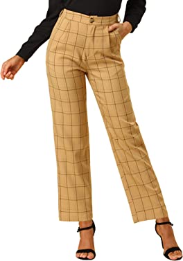 Allegra K Women's Plaid Pants Elastic Waist Casual Work Office Long Trousers