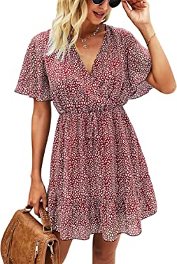 KIRUNDO 2023 Women's Summer Dresses Casual Short Sleeve V Neck Ruffle Leopard Print High Waist Flowy Mini Dress with Belt