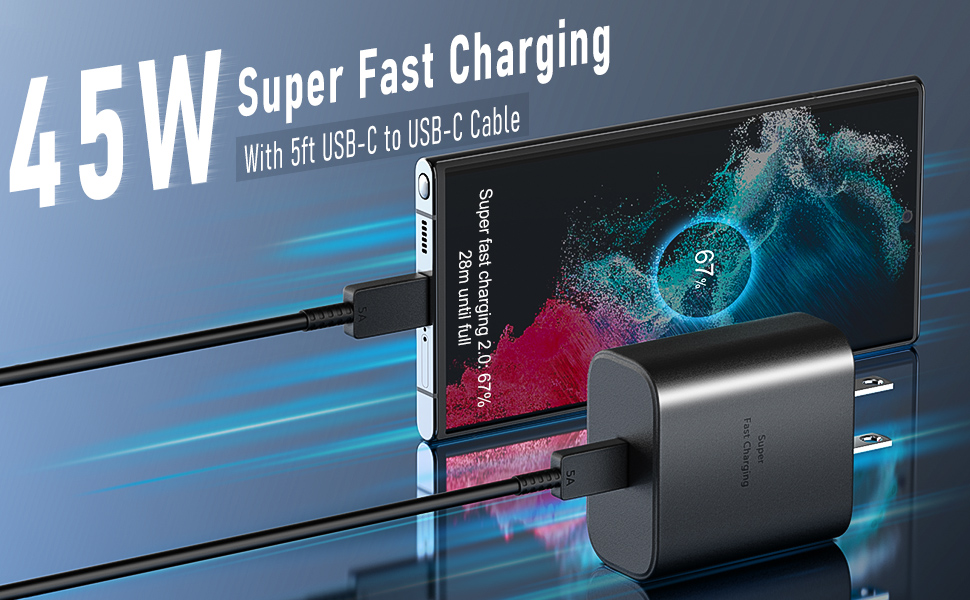 45W USB-C Super Fast Charging Wall Charger for Samsung Galaxy S22 Ultra/S22+/S22/S21/S20/Note 10