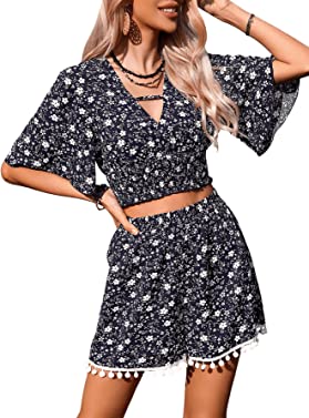 SweatyRocks Women's 2 Piece Boho Butterfly Sleeve Knot Front Crop Top with Shorts Set