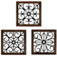 Mkono 3 Pack Rustic Wall Decor Square Wall Art Geometric Scrolled Metal with Wooden Frame Farmhouse Hanging Decoration for Home Apartment, Bedroom, Living Room, Dorm, Small Size 9.7’’ x 9.7’’