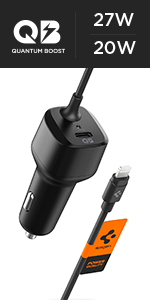 Spigen USB C Car Charger [MFi Certified] Total 47W PD 27W with Built-in Lightning Cable