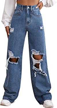 SweatyRocks Women's Casual Loose Ripped Denim Pants Distressed Wide Leg Jeans