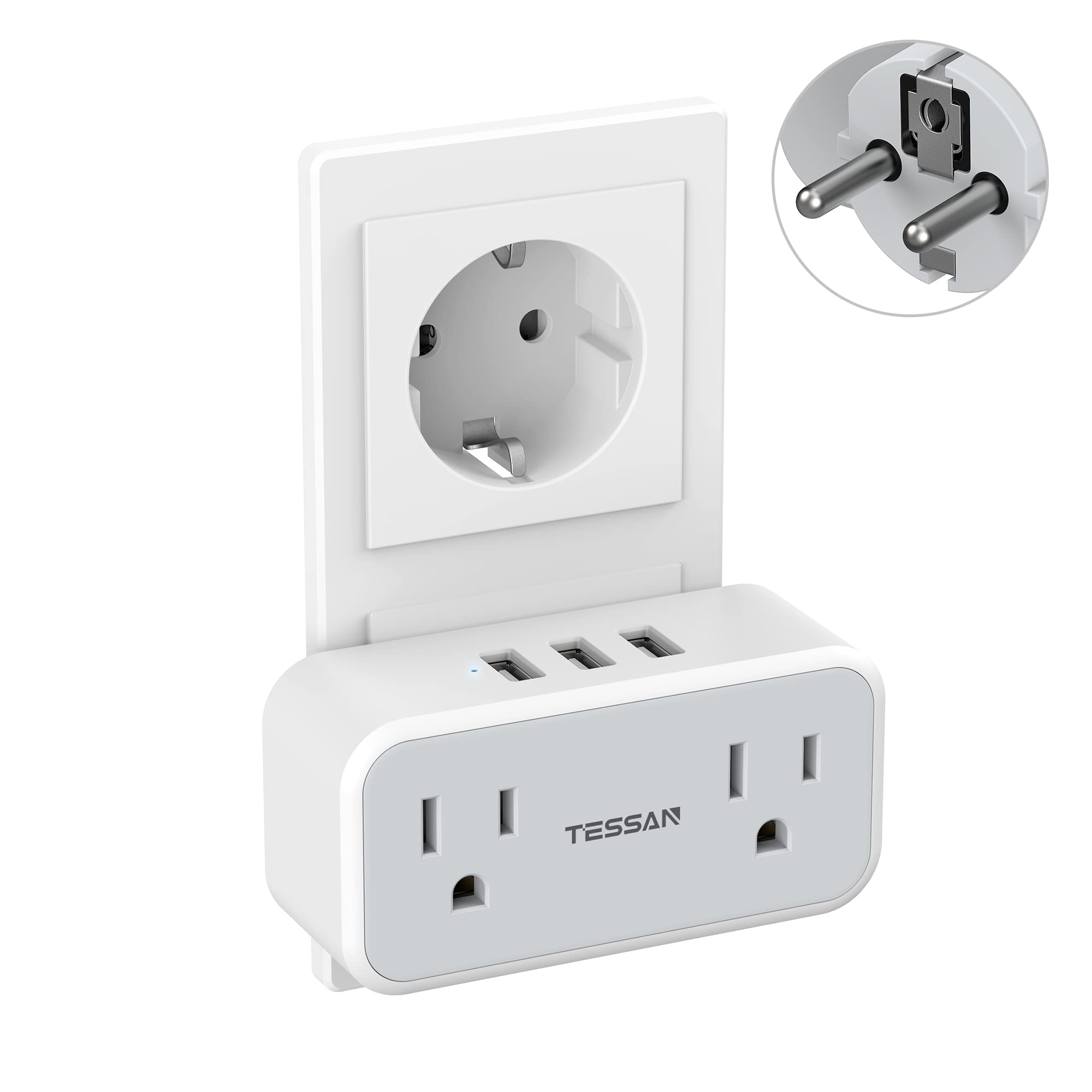 Type E/F Plug Adapter, TESSAN Germany France Power Adapter, Korea Travel Converter with 2 Electrical Outlet 3 USB Charger, US to Spain Iceland German French Norway Sweden Europe Schuko Adaptor