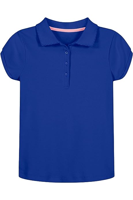 Girls' School Uniform Short Sleeve Polo Shirt, Button Closure, Soft Pique Fabric