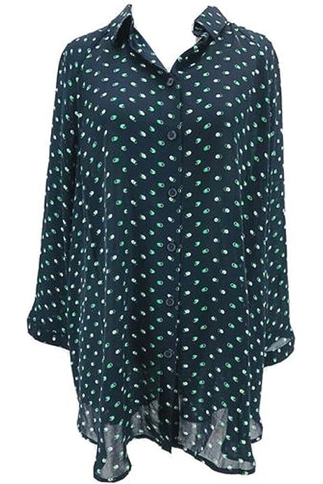 Olive Martini Blouse Navy Blue Green Print Top Relaxed Fit #5019