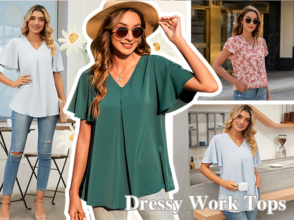 Anyally Women''s Summer Dressy Chiffon Blouses V Neck Short Sleeve Tunic Tops for Leggings