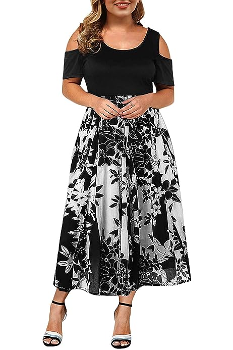 Summer Plus Size Maxi Dresses for Wedding Guest, Women Black Sexy Lace Cold Shoulder Short Sleeve Crewneck Long Dress