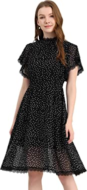 Allegra K Women's Polka Dots Lace Ruffle Neck Flutter Sleeve Midi Dress