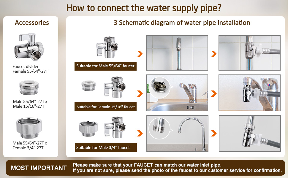 Suitable for Male 55/64&#34;, Female 15/16&#34;, Male 3/4&#39;&#39; faucet.