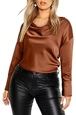 Womens Drape Cowl Neck Long Sleeve Shirts Rounded Hem Tops Chiffon Blouse Dressy Casual