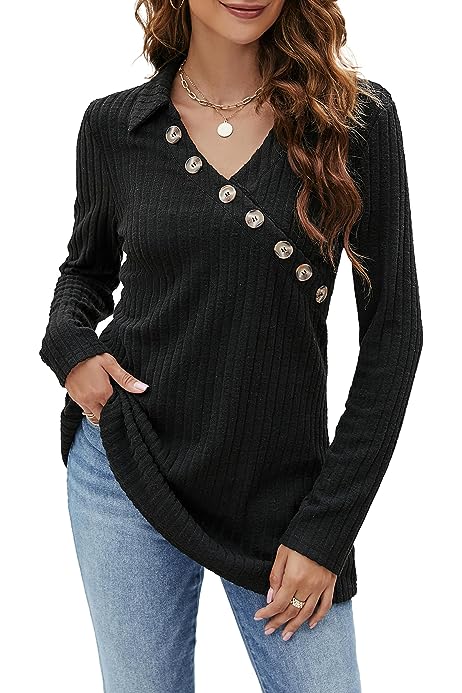 Womens Tunic Tops Plus Size Fall Casual Long Sleeve Shirts Button Down V Neck Lightweight Sweaters