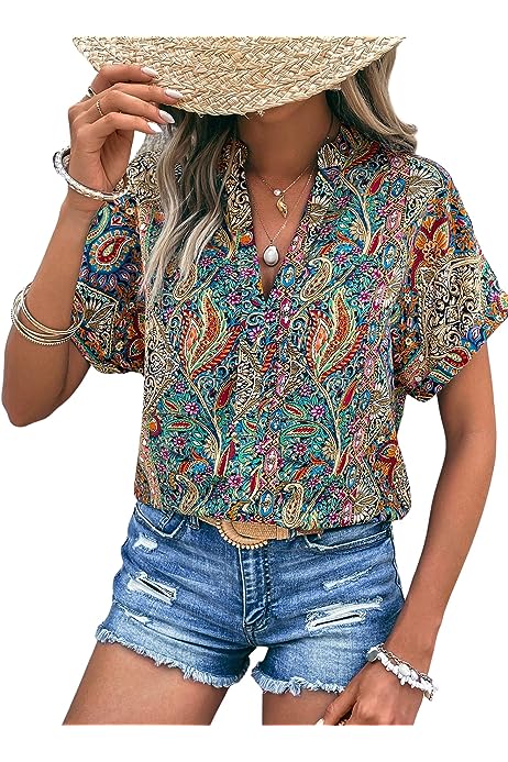 Women's Paisley Print Short Sleeve Notched Neck Boho Blouse Top