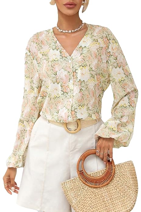 Women's Floral Print Button Front V Neck Lantern Long Sleeve Blouse Tops