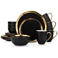 Stone Lain Porcelain 16 Piece Dinnerware Set, Service for 4, Black and Golden Rim