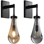 Modern Black Wall Sconces Lighting Set of 2, Bathroom Light Fixture, Bedside Wall Lamp for Bedroom, Indoor Vanity Light Fixtures, Wall Light with Clear Solid Glass Raindrop for Living Room Hallway