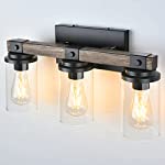 Bathroom Vanity Light Fixtures，Wooden Farmhouse Bathroom Lights Over Mirror Vintage Rustic Sconces Wall Lighting 3-Light Industrial Matte Black Vanity Light for Bathroom Bedroom Hallway Kitchen