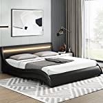 Modern Upholstered Platform Bed Frame with LED Lights Headboard, Faux Leather Wave-Like Platform Bed Frame,Strong Wood Slats Support, Easy Assembly, Black, King Size