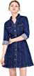 Allegra K Women's Button Down Collar V Neck Long Sleeve A-line Jean Denim Dress