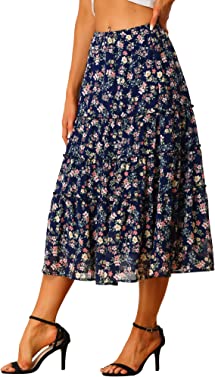 Allegra K Women's Floral Long Skirts Elastic Waist Tiered Ruffle Boho Midi Skirt