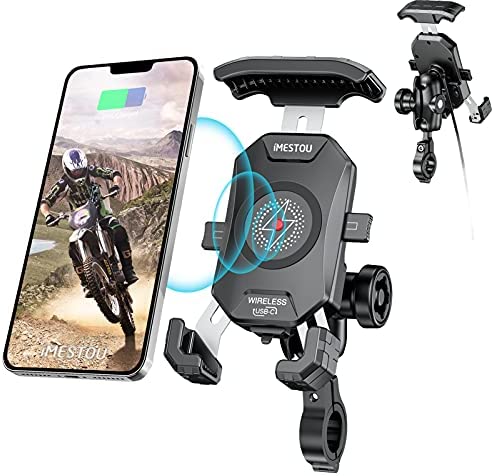 iMESTOU Anti-Theft Motorcycle Wireless Phone Mount Charger 15W & USB C 3A Handlebar 1" Ball Stem Phone Holder Works with 12V/24V Vehicle/USB Socket 720 Rotation Quick Charge for 4.0-7.0" Cellphones