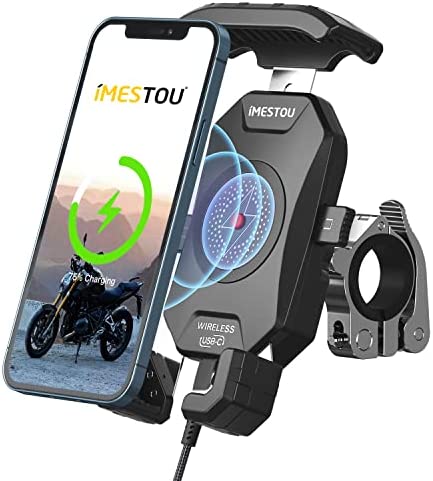 iMESTOU Motorcycle Wireless Qi/USB C Phone Mount Charger Handlebar Cellphone Holder Tool-Free Install with Waterproof Switch Fused Fast Charge for iPhone Samsung 3.5-6.8 inch Smartphones(Upgraded)