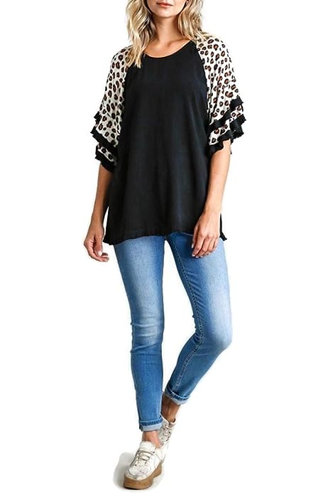 Umgee Women's Animal Print Layered Bell Sleeve Tunic Top