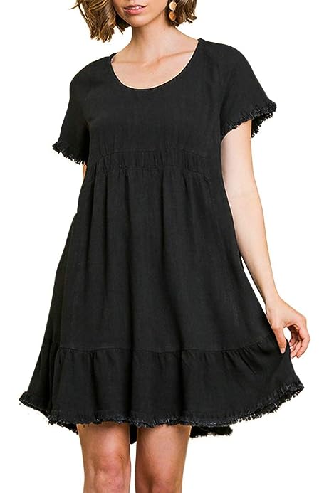 Umgee Women's Short Sleeve Round Neck Ruffle Trim Dress with Frayed Edges