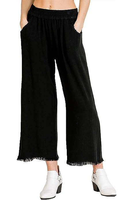 Umgee Womens Wide Leg Pant with Elastic Waist, Pockets, and Frayed Hem