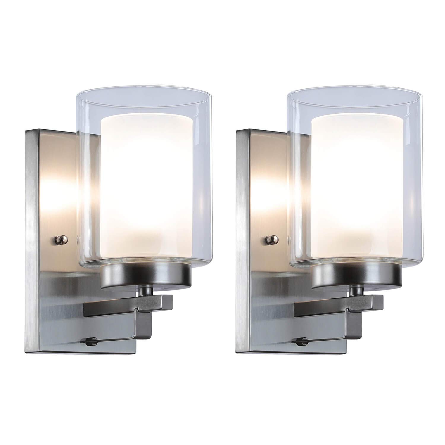 XiNBEi Lighting Wall Light 1 Light Bathroom Vanity Light with Dual Glass, Indoor Modern Brushed Nickel Wall Mounted Light 2 Pack XB-W1195-1-2BN